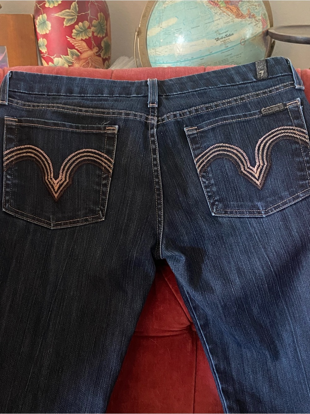 7 For All Mankind Dark Blue Straight Leg Jeans with Contrast Stitching - Picture 4 of 9